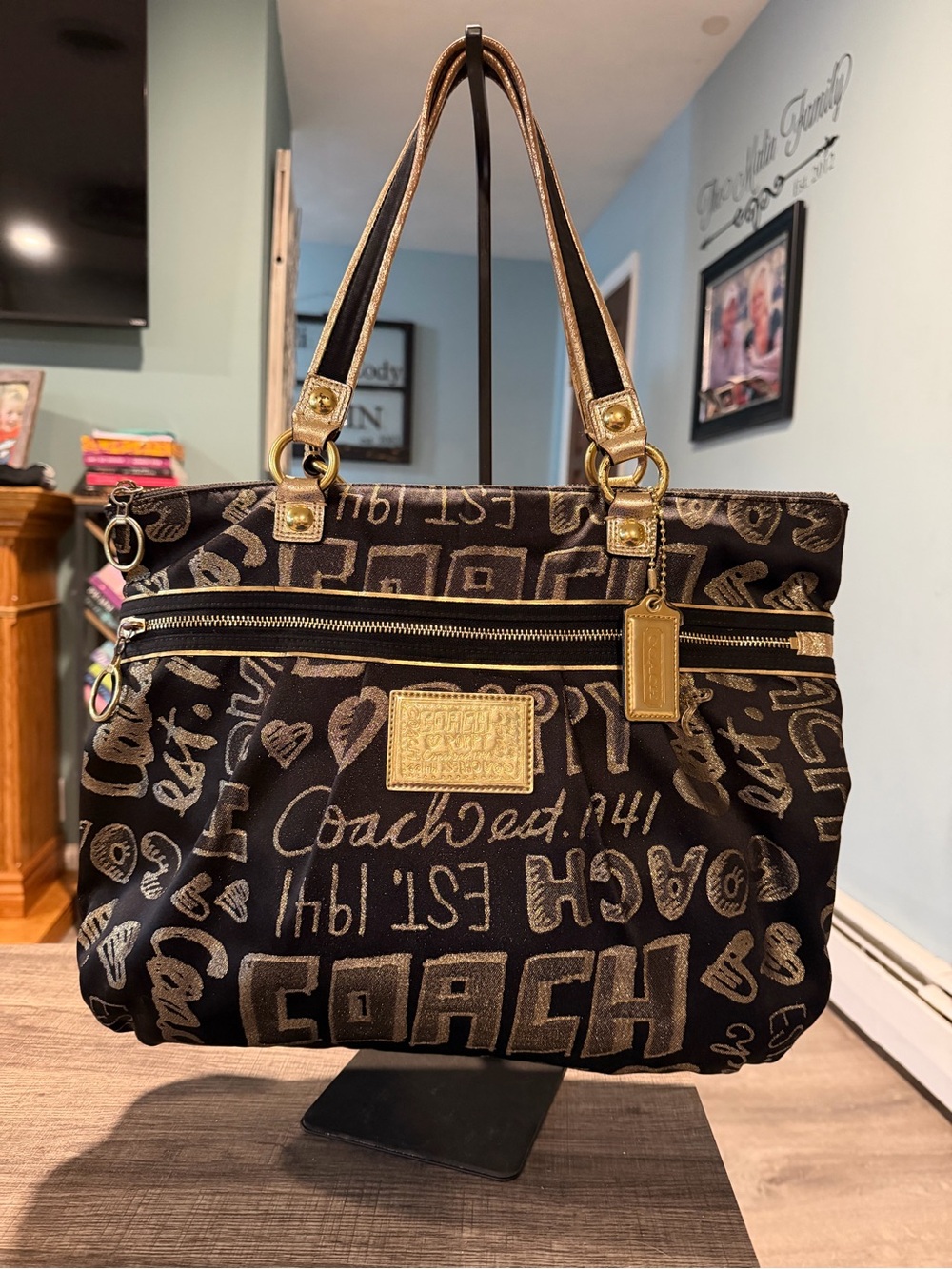 Coach Poppy Black and Gold Script Shoulder Bag